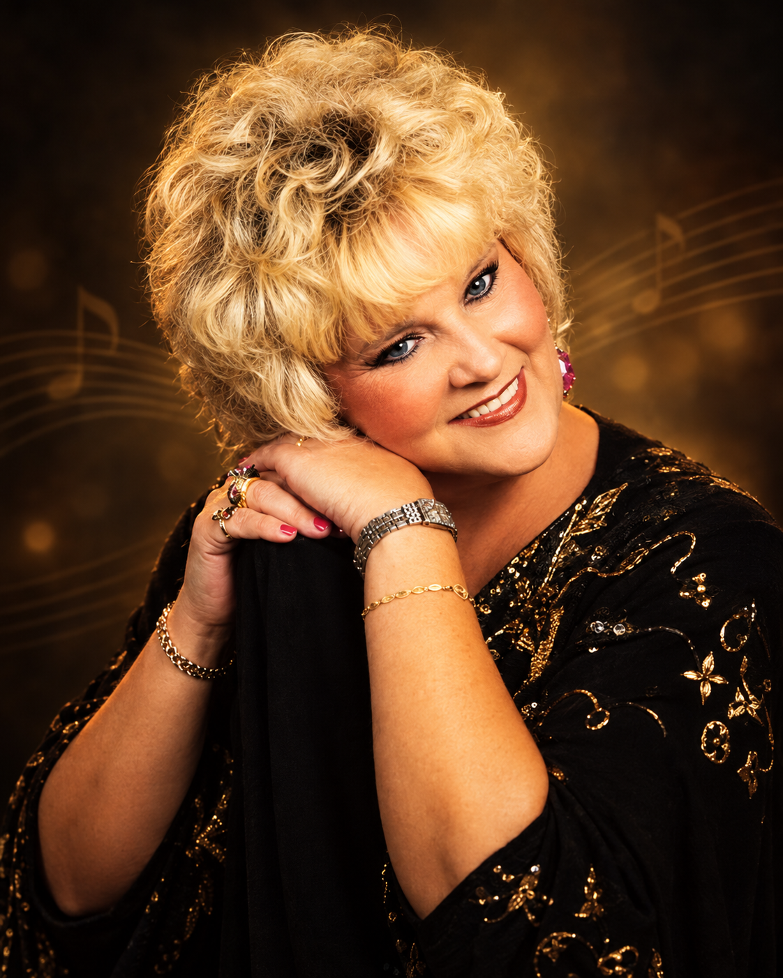 Vicki Lee smiling, leaning on a wooden rail in an outdoor garden setting